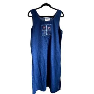 Vintage 90s Embroidered Winter Denim Jumper Dress Medium Folk Cottagecore Granny